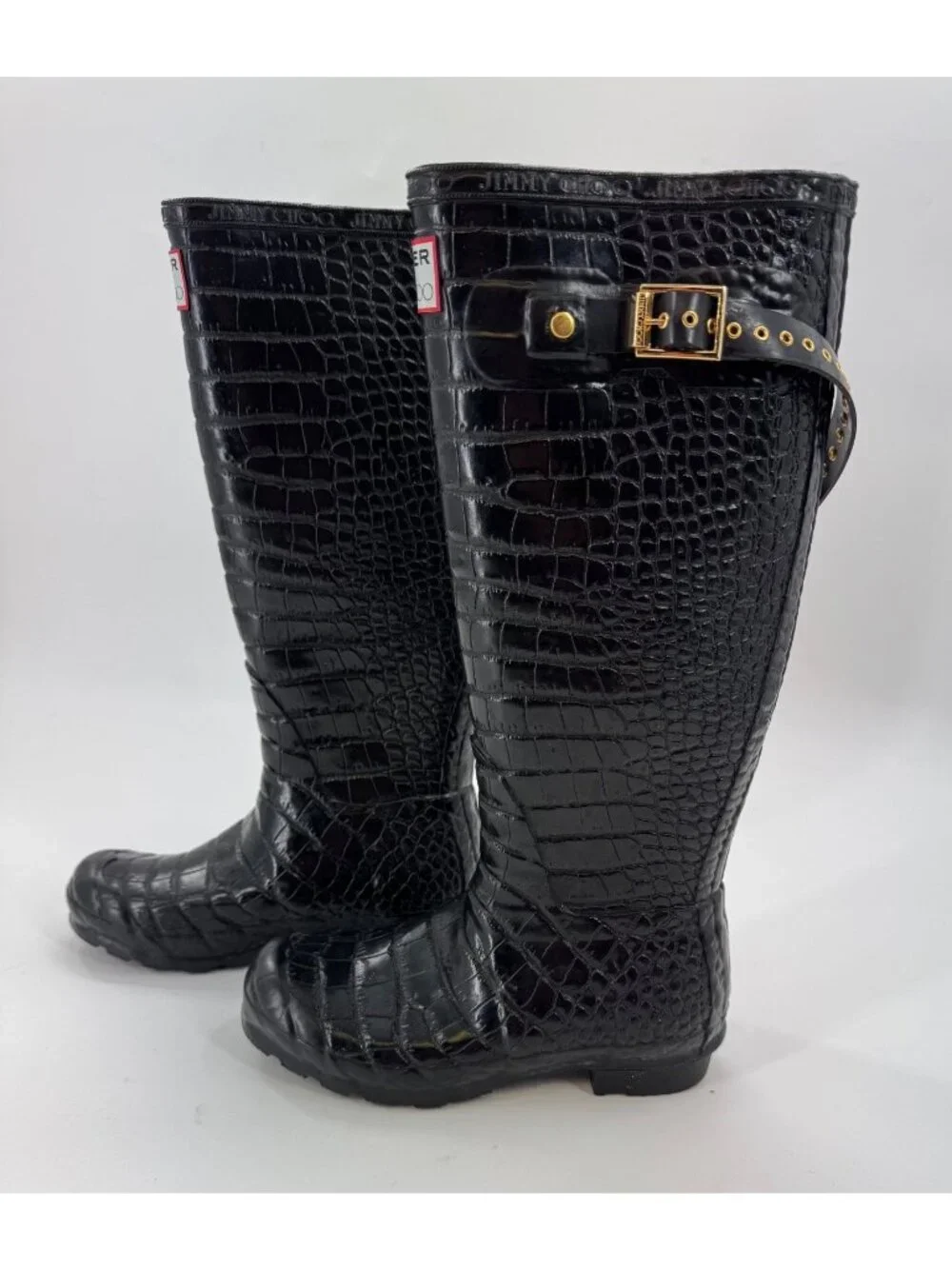 Jimmy Choo x Hunter Croc Embossed Tall Rain Boots Black Rubber Leopard Size  6